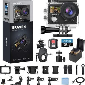 AKASO Brave 4 Action Camera 4K 30fps with 64GB MicroSD U3 Card Bicycle Helmet Accessories Kit Bundle, 20MP Ultra HD 131FT Waterproof Underwater Camera EIS WiFi Remote Control 5X Zoom Sport Cameras