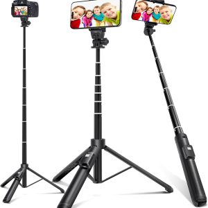 BZE 62 inches Extendable Selfie Stick Tripod with Wireless Remote & Phone Holder, Portable Aluminum Alloy 3 in 1 Stand for Group Photos, Vlogging & Travel Compatible with All Smartphones
