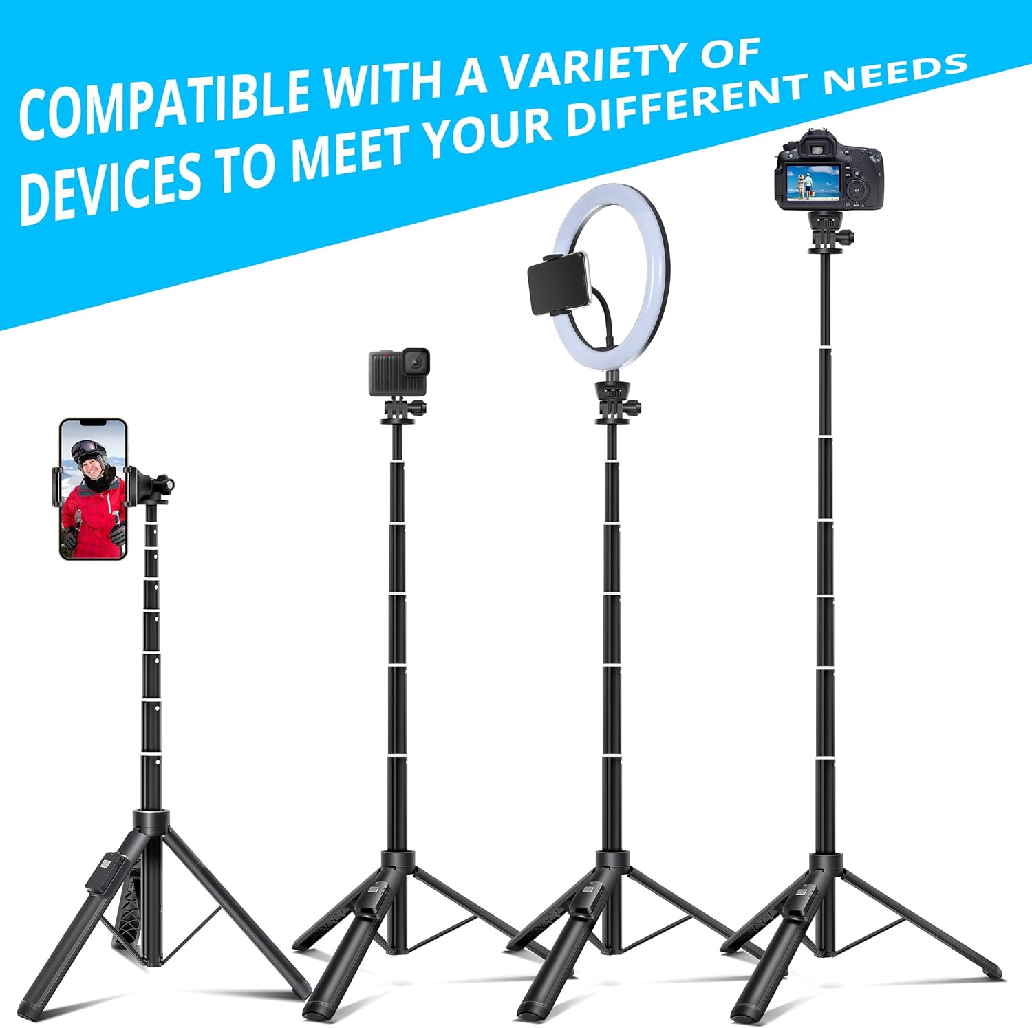 BZE 62 inches Extendable Selfie Stick Tripod with Wireless Remote & Phone Holder, Portable Aluminum Alloy 3 in 1 Stand for Group Photos, Vlogging & Travel Compatible with All Smartphones - Image 3